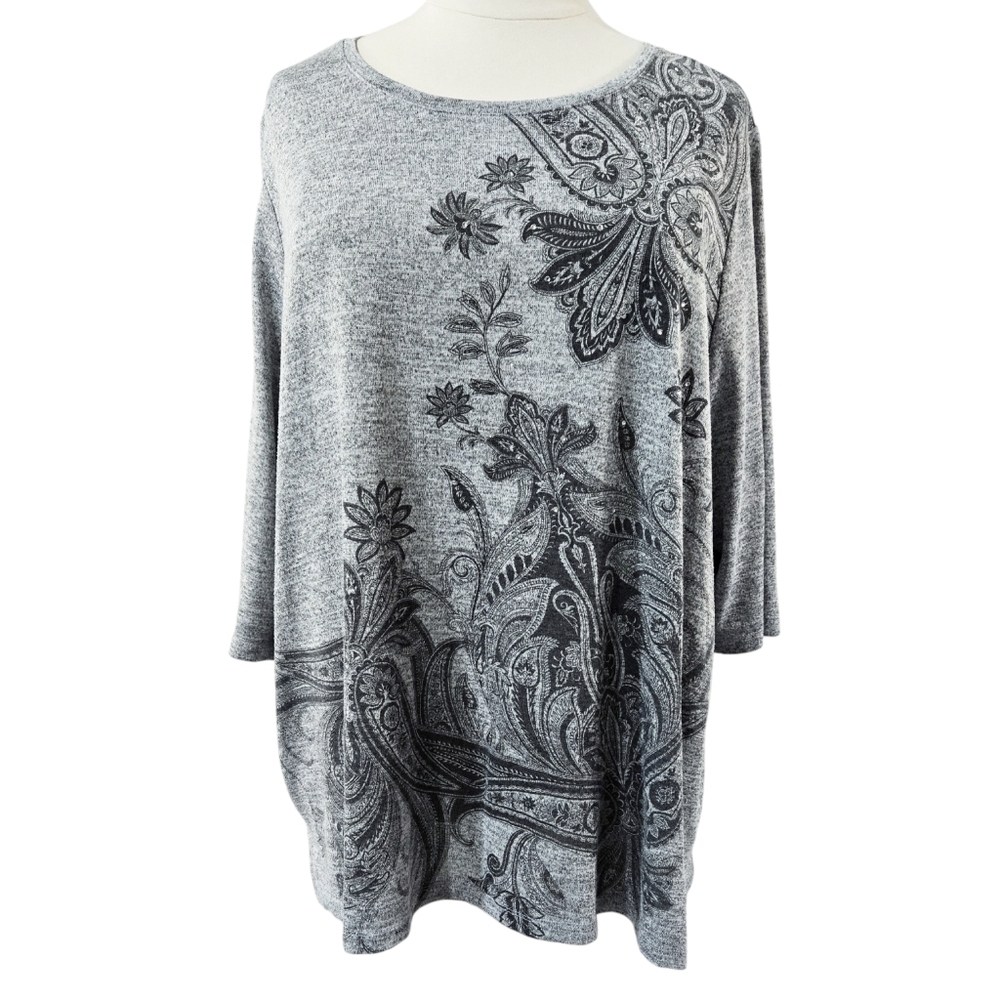 Catherines Gray Marled Knit Beaded Floral Paisley Scoop Neck Tunic Lounge Soft